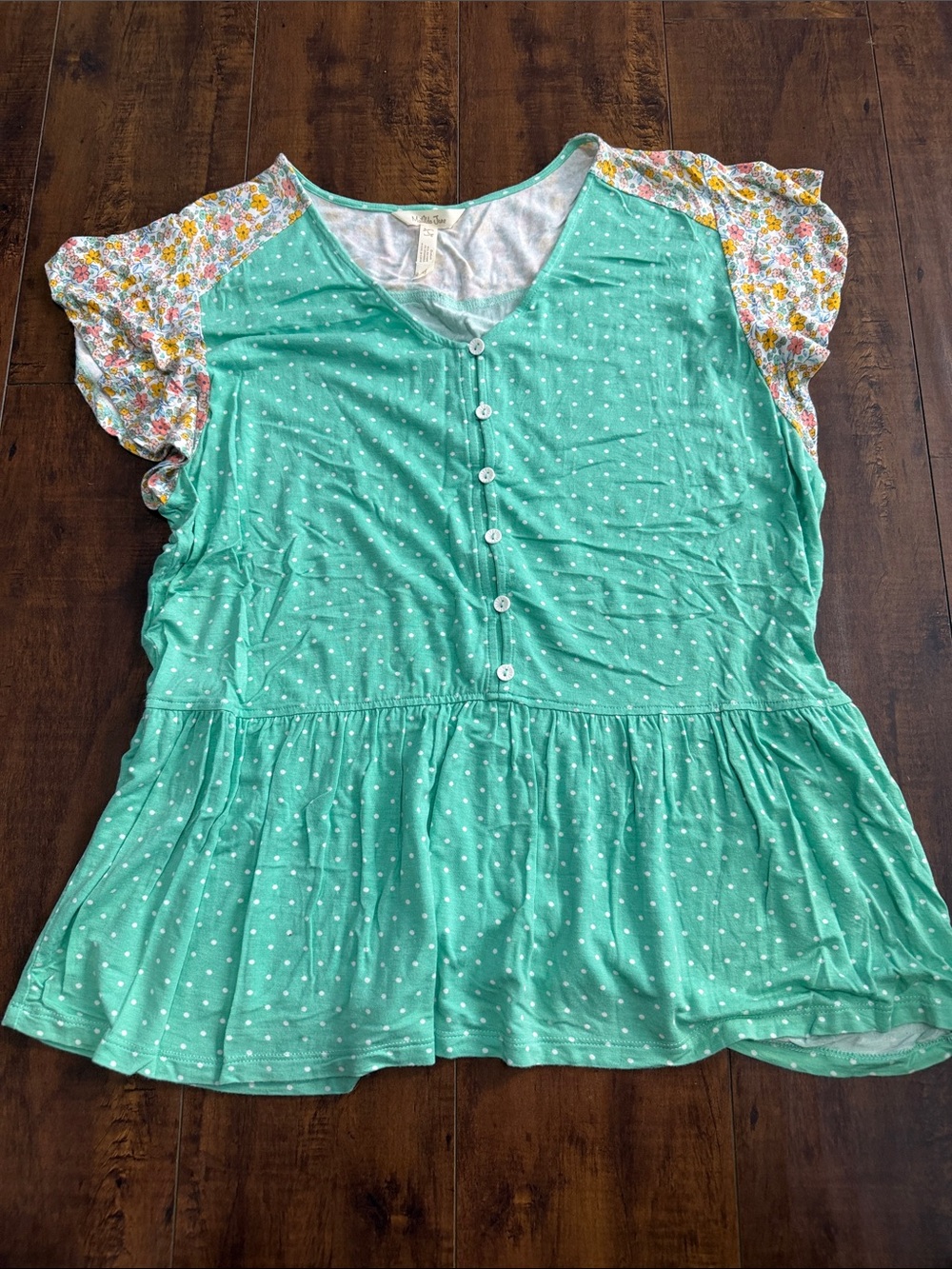 Matilda Jane Mint Green Polka Dot Peplum Top with Floral Sleeves